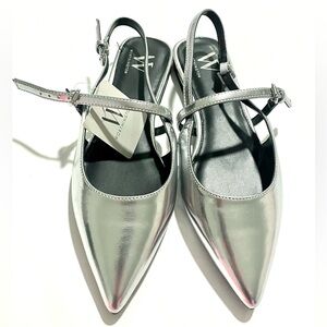 Women’s Silver Ankle Strap Flats – Size 7 | Metallic Pointed Toe